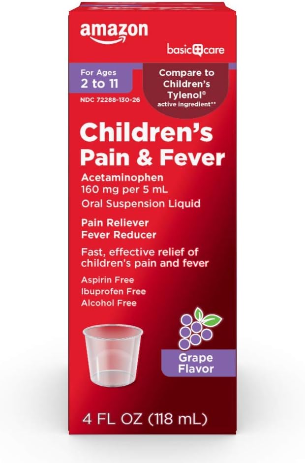 Basal Care Children 's Acetaminophen 160 mg per 5 ml Oral suspension, Grape Flavor, Pain Reliever og Fever Reducer for hovedpine, Sore Thromat og Tandpine, 4 fl oz (pakning med 1)