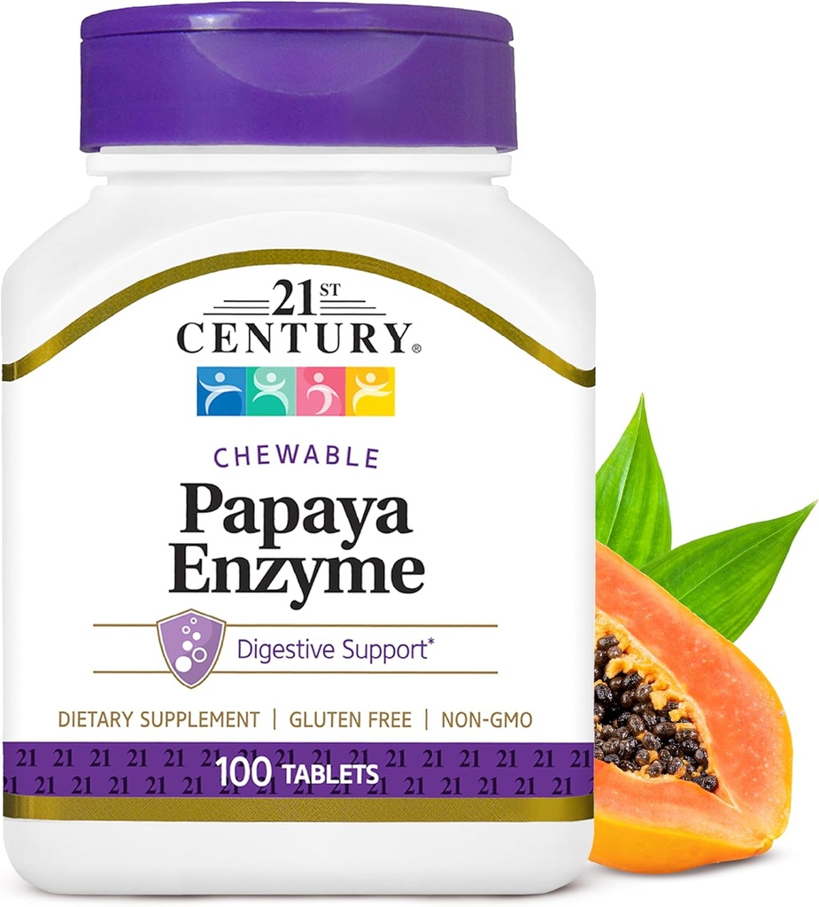 21. århundrede Papaya Enzyme Chewable (100 Greve), Papaya & Pineapple fordøjelsesenzymer til Gut Health, Tropical Flavor, Non- GMO, Gluten- Free, Ingen tilsat salt, Kunstig Flavor