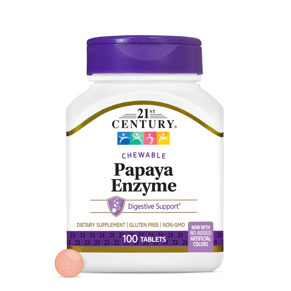 21. århundrede Papaya Enzyme Chewable (100 Greve), Papaya & Pineapple fordøjelsesenzymer til Gut Health, Tropical Flavor, Non- GMO, Gluten- Free, Ingen tilsat salt, Kunstig Flavor