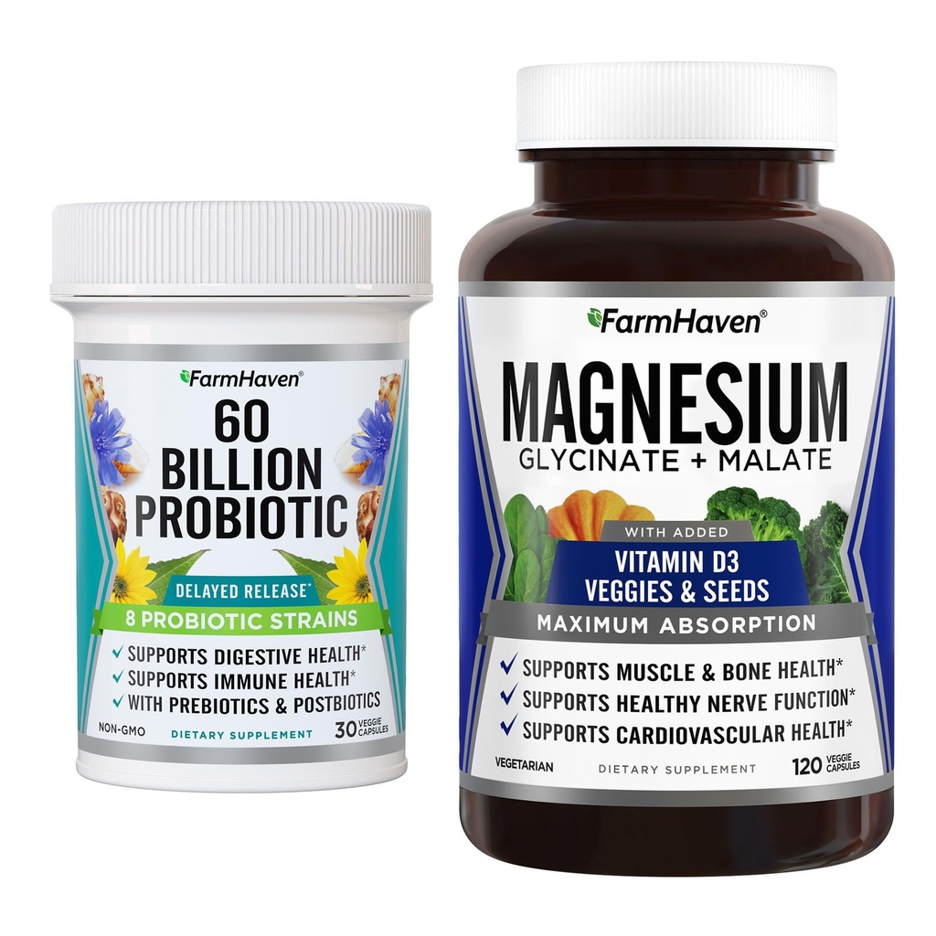FarmHaven Magnesium Glycinat & Malat Complex og 60 milliarder CFU probiotisk