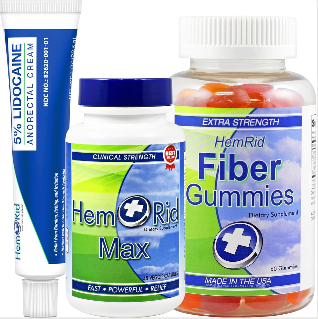 HemRid Complete Hæmorhoid Support System - Max Formel, Lidocain Cream & Fiber Gummies for Øjeblikkelig Relief & Long-Term Comfort