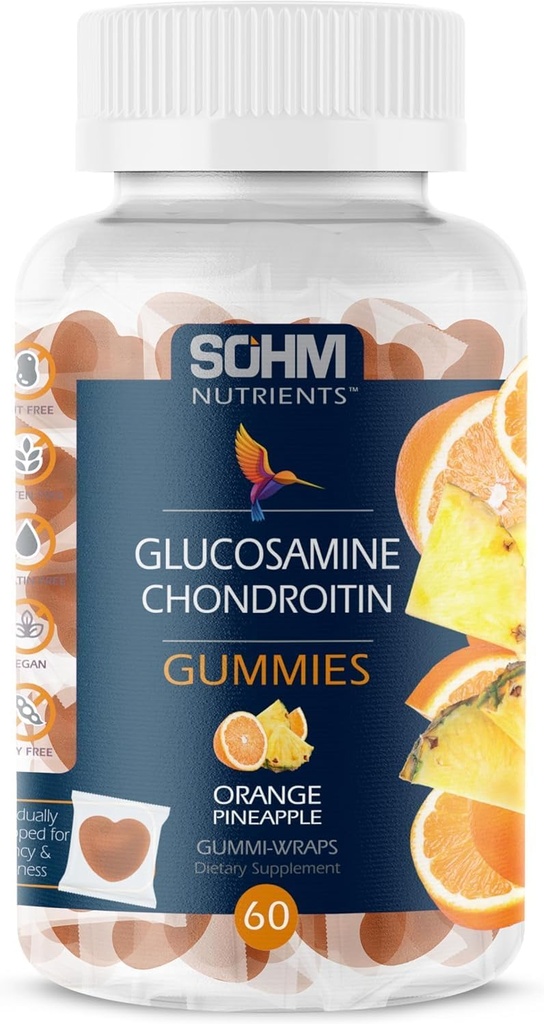 SOHM Glucosamin og Chondrotin Gummies 60 Greve individuelt indpakket, Understøtter Joints Sundhed og Bones Sundhed, Glucosamin Chondroitin Gummies for Herre og Kvinder Vegetar (Ananas, Orange)