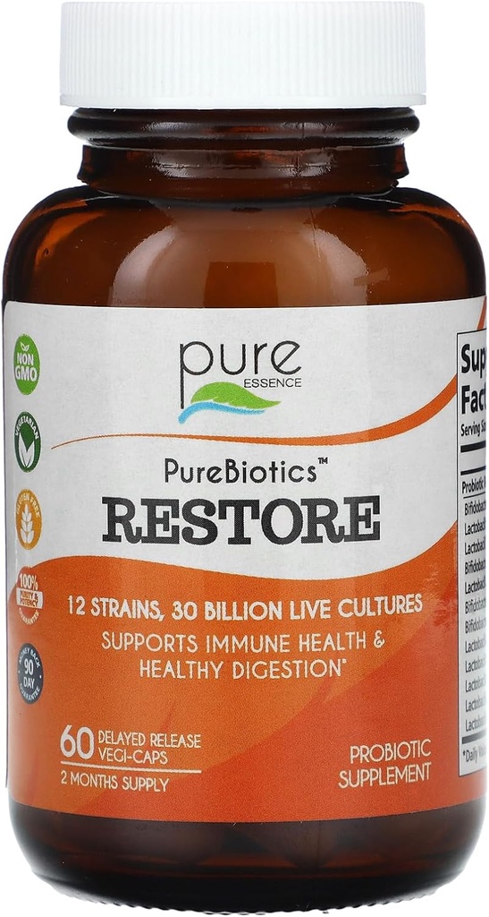 PURE ESSENCE LABS Gendanne Probiotisk Supplement 30 Millioner CFU - Probiotika til mænd og kvinder - 12 Strops til immunforsvar og fordøjelsessygdomme - Naturlig støtte til lindring af obstipation (60 Caps)
