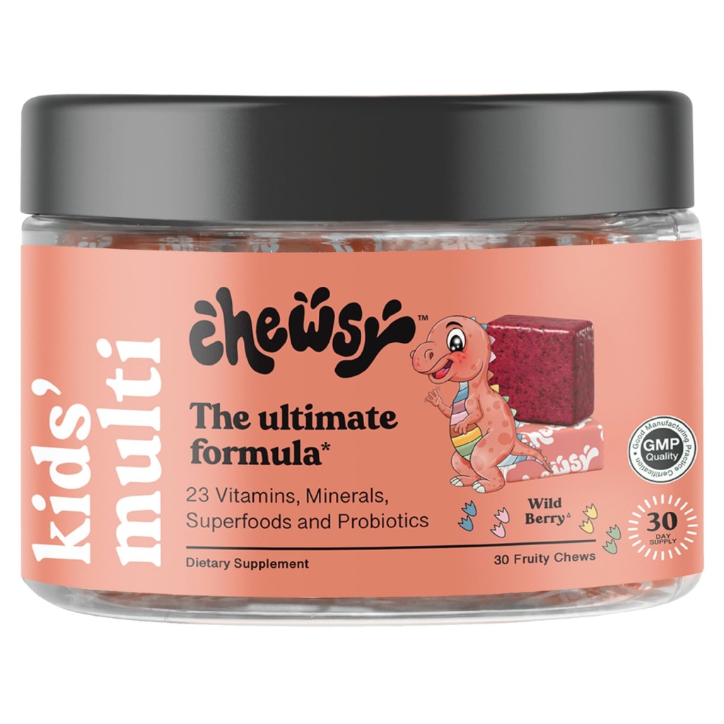 Chewsy Kids 'Multivitamin, Lækker Candy- Style Daily Vitamin Chews + Probiotika + Superfoods, Wild Berry Flavor Chewable Fruity Supplement Chews, individuelt indpakket, Let at nyde, 30-dages levering