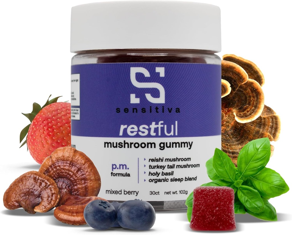 Sensitiva Restful Mushroom Gummies P.M. Formel - Reishi & Turkey Tail Mushroom Supplement Gummies, Mushroom Gummies for Sleep, Afslapning & Stress Relief (blandet Berry P.M. Formel)