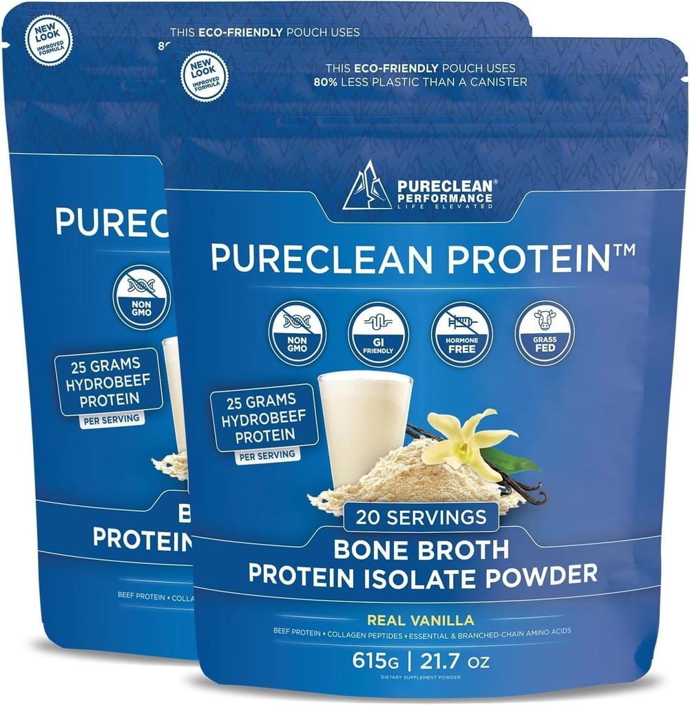PureClean Protein 25G Organic Grass Fed Beef Bone Broth Protein fra Svensk Kvæg - Paleo & Keto- Friendly, Gluten- Free, Sugar- Free, Dairy- Free - Forbedret med Collagen Peptider - (40 Servering)