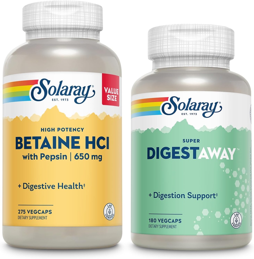 SOLARAY Betaine HCl med Pepsin og Super Digestaway - fordøjelsesbad