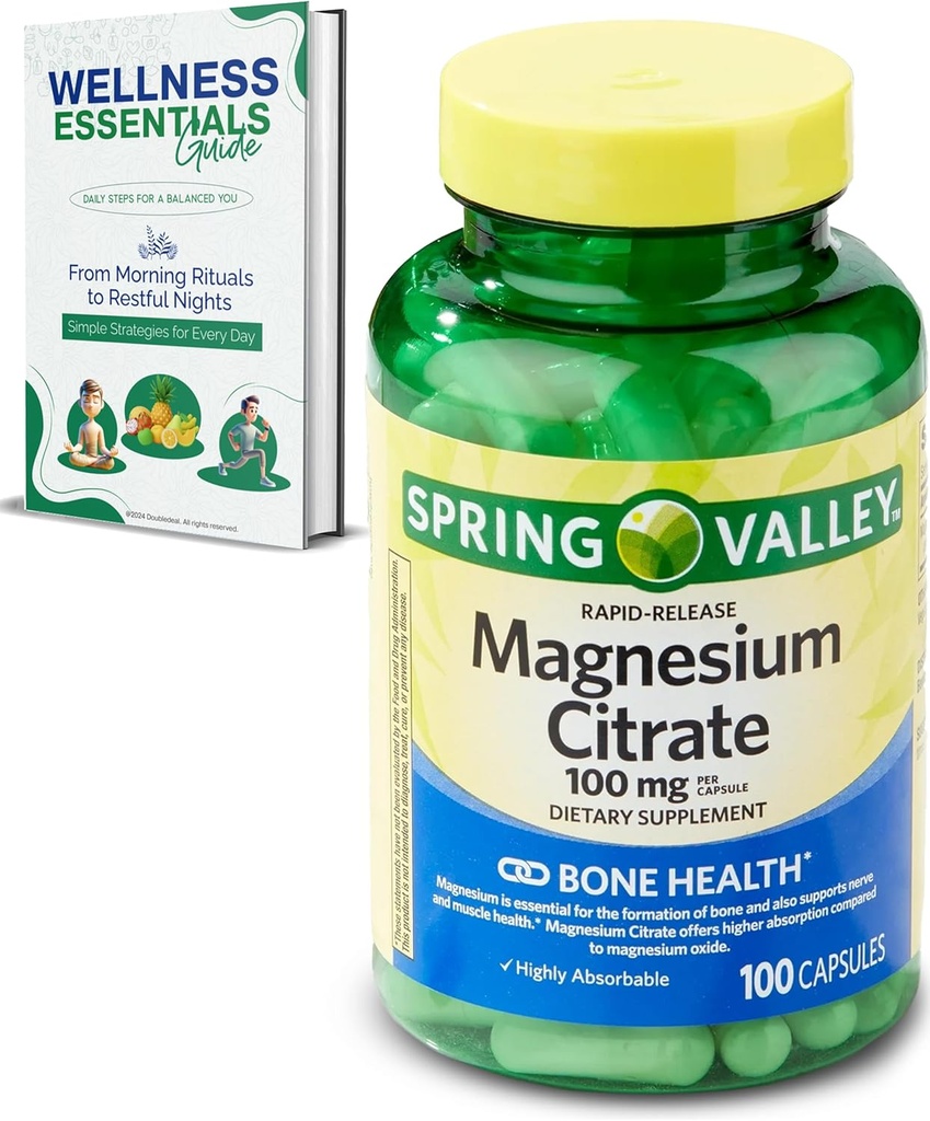 Magnesium Citrate 100mg | Citrato de Magnesio, 100 Capsules | Highly Absorbable | Rapid Release for Bone, Nerve, Muscle Health | Supplement for Sleep, Heart, Magnesium Supplements