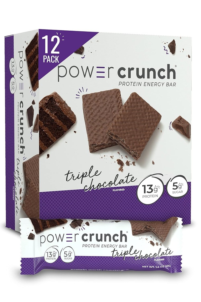 Power Crunch Protein Wafer Bars, High Protein Snacks med lækker smag, Triple Chokolade, 1.4 Ounce (12 Greve)