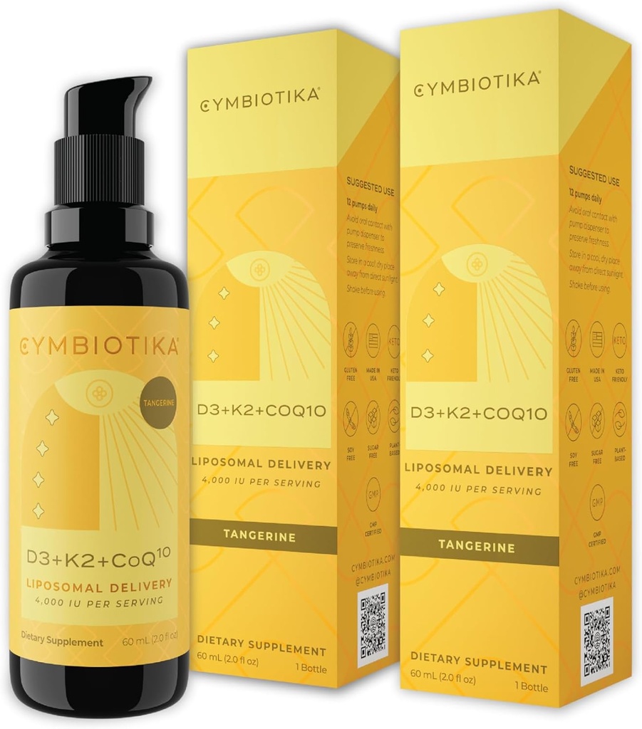 CYMBIOTIKA D3 + K2 + CoQ10 Væske, D-vitamin supplement til immunforsvar, hjerte sundhed & ben sundhed, energi booster, liposomal levering, Vegan, Tangerine Flavor, 2pck (4.0 fl oz.)