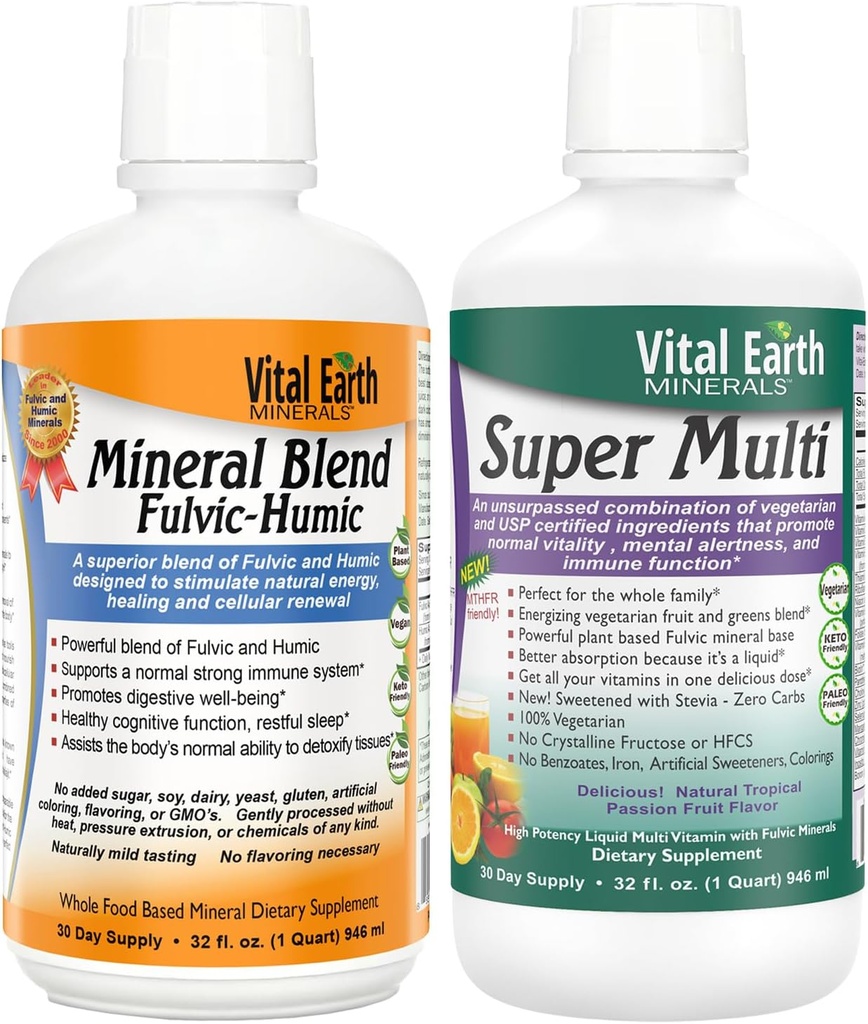 Vital Earth Minerals Detox & Wellness Support - Fulvic Humic Mineral Blend med 70 + Trace Minerals + Super Multi, Flydende Multivitaminer, MTHFR Support, 32 Oz Ea