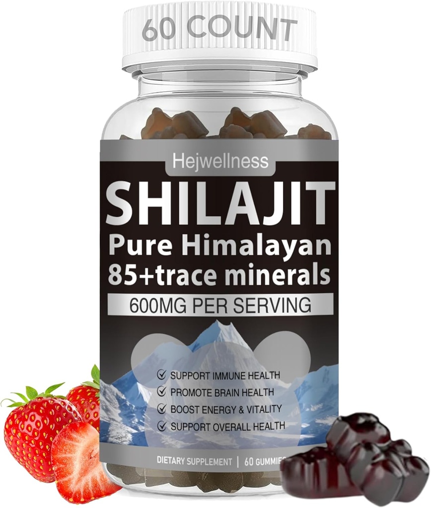 Shilajit Gummies - 600 mg Natural Organic Shilajit Resin med 85 + Trace Minerals, Fulvic Acid & Phytonutrients - Strawberry Flavor - for Energy, immunforsvar - 60 Gummies, 1 Måned Supply