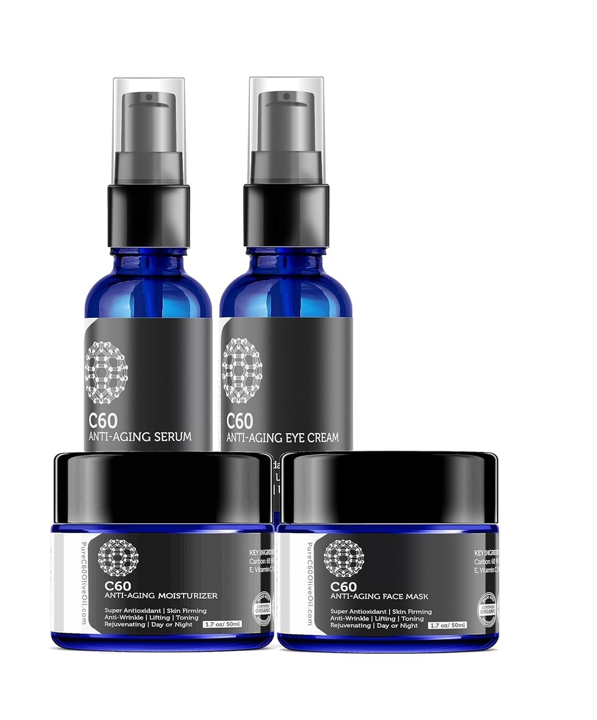 C60 Komplet hudpleje løsning - Anti Aging Moisturizer, Mask, Eye Cream og Serum med Carbon 60 Superantioxidant - Brightening for Dark Spots, Selv hud Tone, Eye Area, Fine Lines & Wrinkles