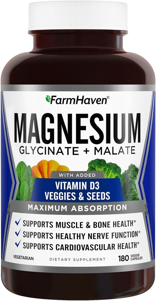 FarmHaven Magnesium Glycinate & Malate Complex w / D3- vitamin, 100% chelated for Max Absorption, Vegetar - Knoglesundhed, nerver, muskler, 180 kapsler, 90 dage