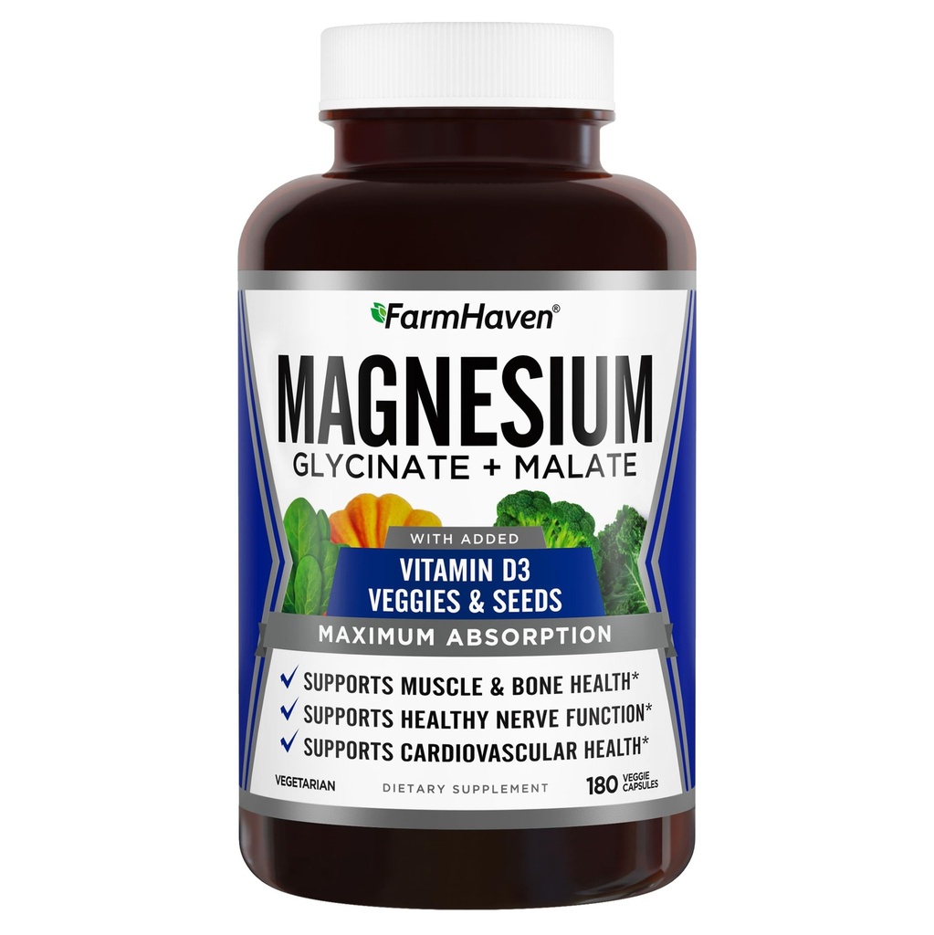FarmHaven Magnesium Glycinate & Malate Complex w / D3- vitamin, 100% chelated for Max Absorption, Vegetar - Knoglesundhed, nerver, muskler, 180 kapsler, 90 dage