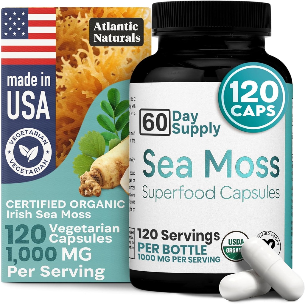 Atlantic Naturals Sea Moss Capsules with Moringa, Ashwagandha, Black Seed Oil, Ginger & Ginseng – Atlantic Sea Moss Supplements for Men and Women – for Daily Energy & Wellness Blend – 120 Count