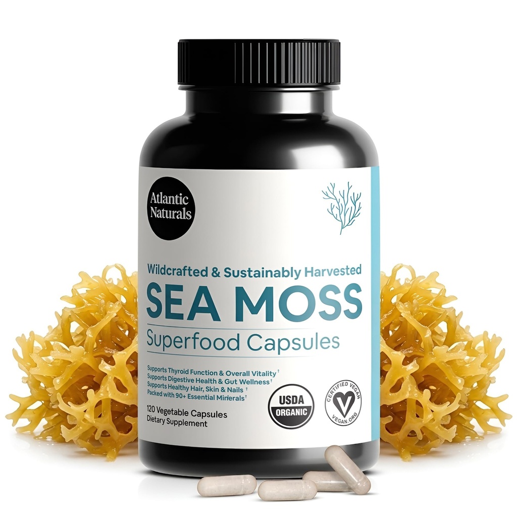 Atlantic Naturals Sea Moss Kapsler med Moringa, Ashwagandha, Black Seed Oil, Ginger & Ginseng - Atlanterhavet Moss Kosttilskud til mænd og kvinder - for daglig energi og wellness Blend - 120 Greve
