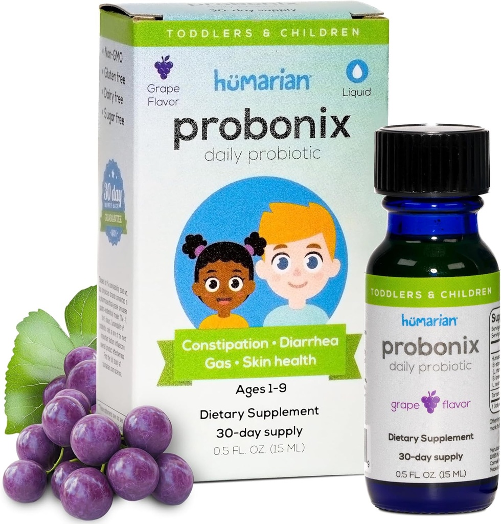Probonix Humanic Liquid Probiotika til børn Lagrede 1-9 År gamle - Superior 8-Strain Probiotiske Drops til Fortify Gut Sundhed, Immunitet og mere - 30-Day Supply - Tasty Grape Flavor