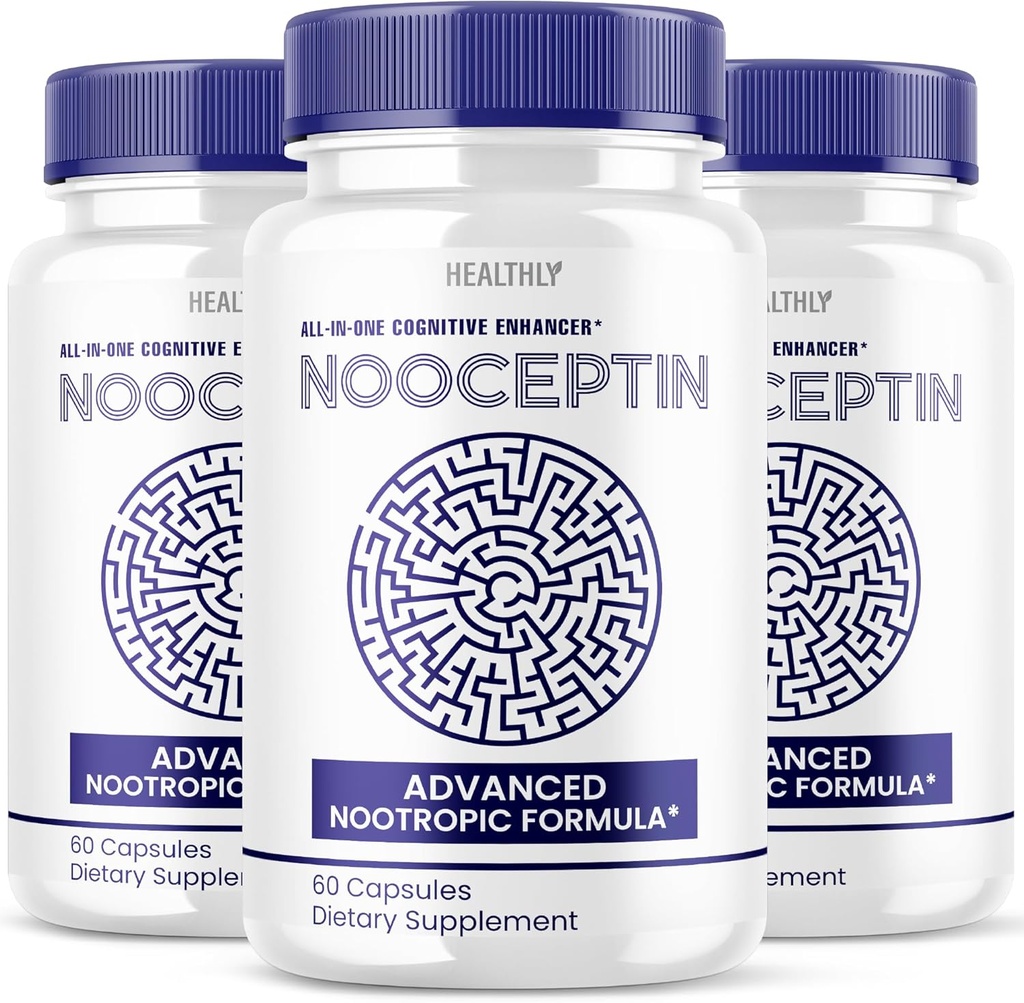 (3 Pack) Nooceptin Brain Supplement - Official Formel - Nooceptin Advanced Formel Nootrop Supplement for børn og voksne - Ekstra styrke hukommelse, Kognitiv Support Brain Powder (180 kapsler)