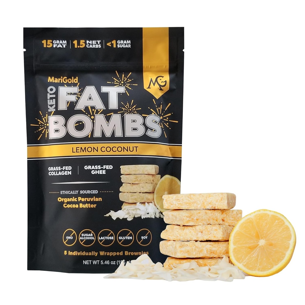 MariGold Keto Fat Bomber - Lemon Coconut - Lav Carb, Collagen Rich, Grass- fed Ghee, Økologisk Kakaosmør, Gluten- fri, Non- GMO (1 pose, 5 Servere)