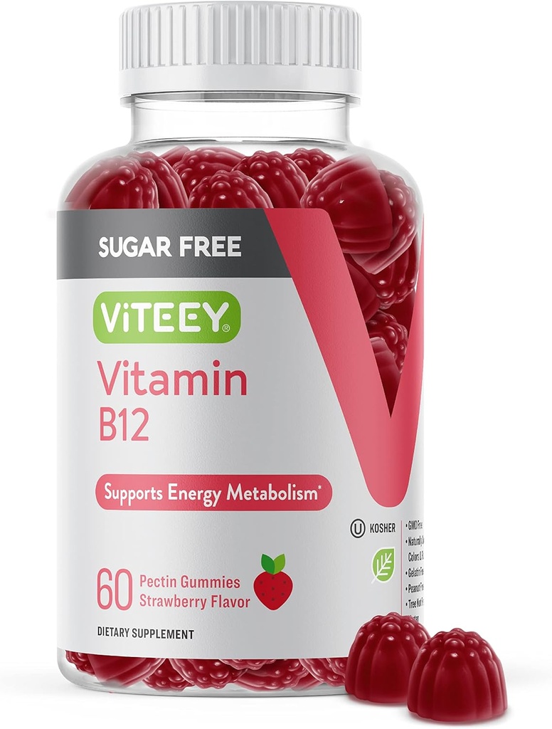 Viteey Vitamin B12 Gummies for voksne & Teens 1000mcg, Sugar Free - God for energi, Metabolisme, Natural Energy Support - Vegan, Gelatine Free, Gluten Free, GMO Free - Chewable Strawberry Flavored