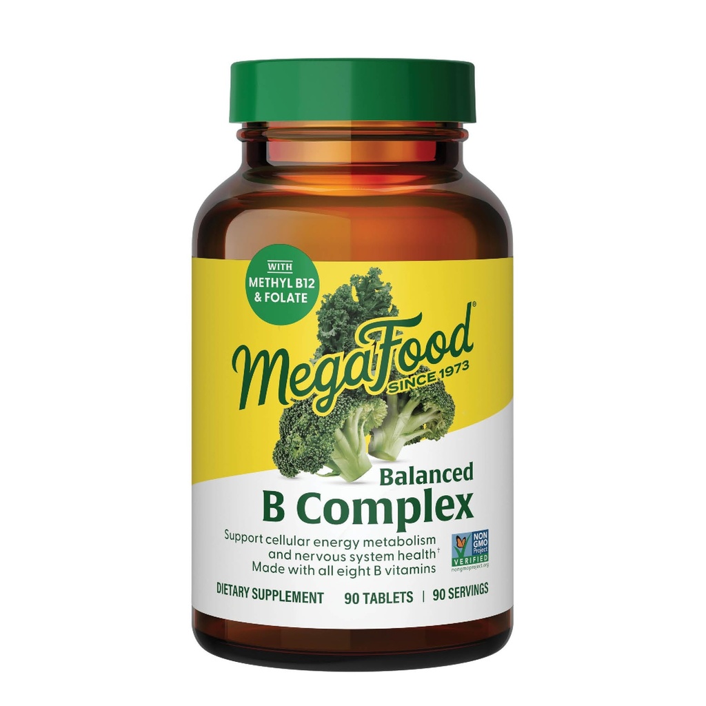 MegaFood Balanced B Complex - B Complex Vitamin Supplement, 8 B Vitamin herunder vitamin B6, vitamin B12, Folate, Biotin & mere, Understøtter Cellular Energy Production, Vegan, Gluten Free - 90 tabletter