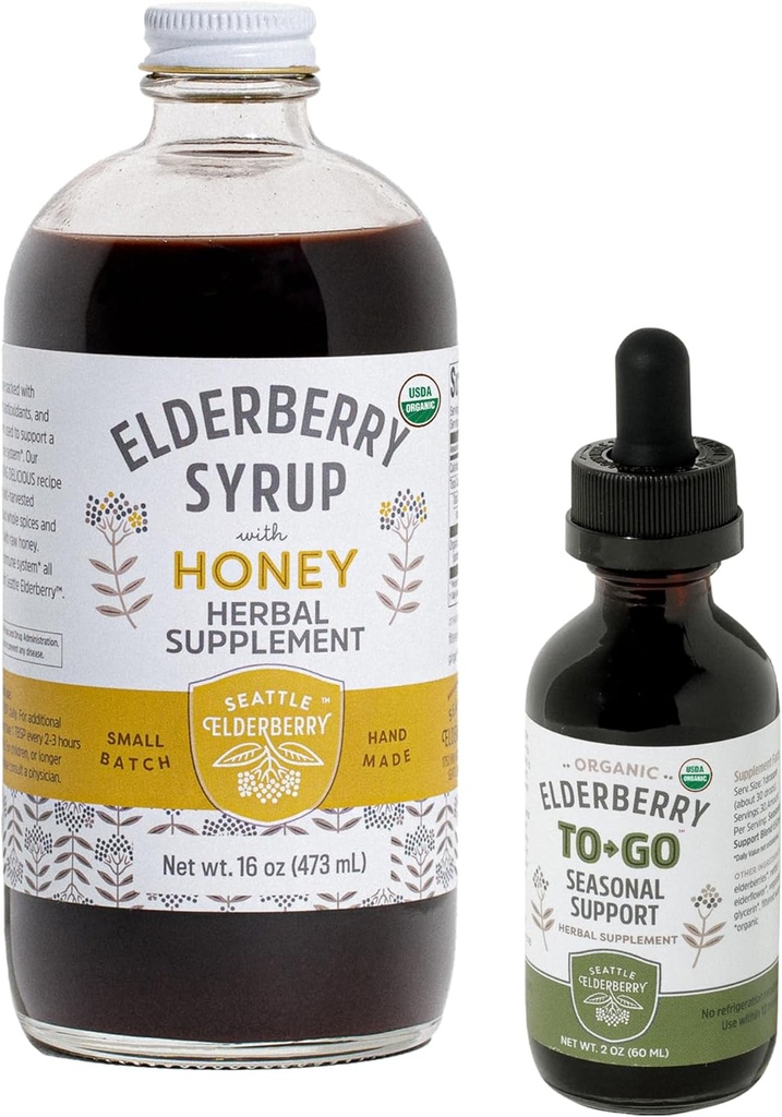 Urtetilskud Starter Set - En 16oz flaske Elderberry Syrup med honning & en 2oz flaske Elderberry to- Go Sæsonstøtte lavet af kun økologiske ingredienser i USA