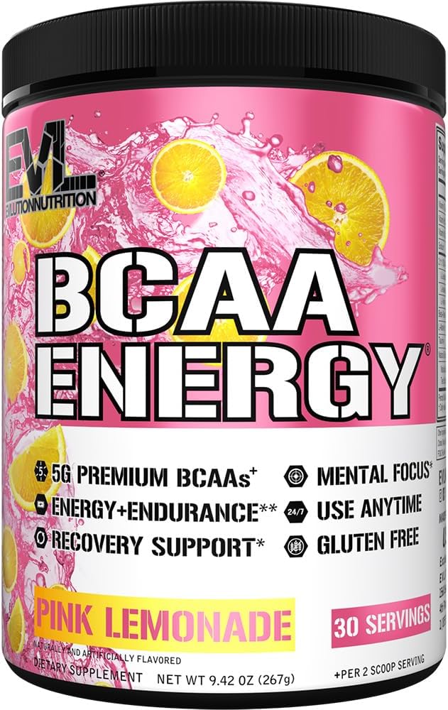EVL BCAAs Aminosyrer Powder - BCAA Energy Pre Workout Powder for Muscle Recovery Lean Growth and Endurance - Rehydrating Post Workout Recovery Drikke med naturlig koffein - Pink Lemonade