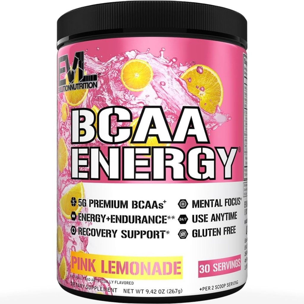 EVL BCAAs Aminosyrer Powder - BCAA Energy Pre Workout Powder for Muscle Recovery Lean Growth and Endurance - Rehydrating Post Workout Recovery Drikke med naturlig koffein - Pink Lemonade