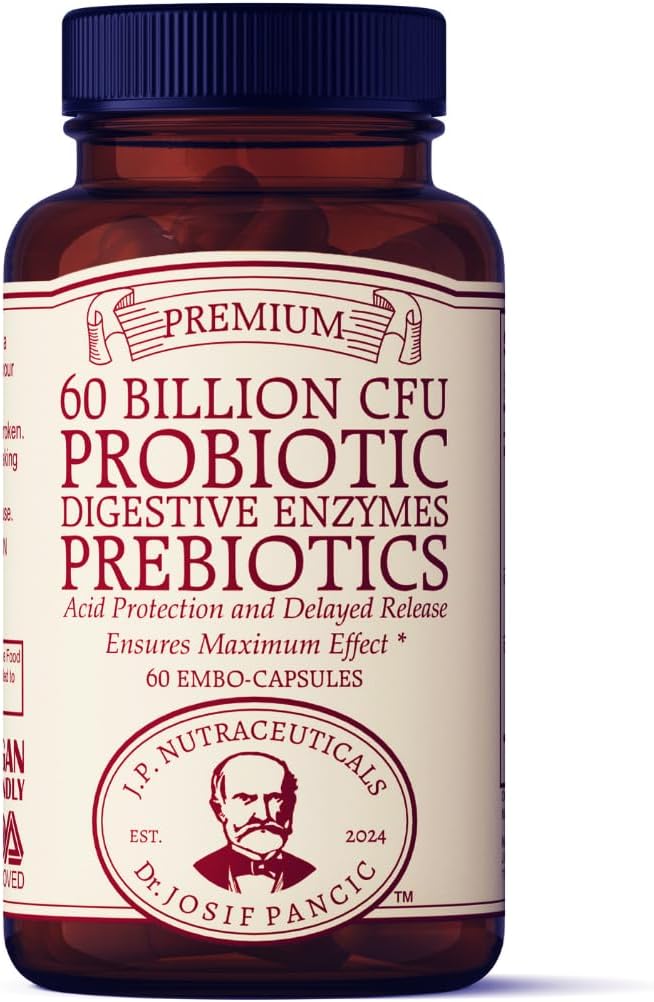 Probiotisk og prebiotisk supplement, 60 milliarder CFU, fordøjelsesenzymer, syrebeskyttelse, forsinket frigivelse, 60 kapsler, 60 dages forsyning