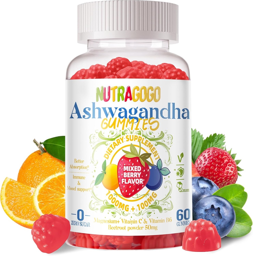 Ashwagandha Gummies & Vitamin D3 Gummies 60 Greve - Organic Aswangdha Supplement for Forbedre søvn, Stress Relief & Mood Calm (blandet berry, Vegan, Plant Based, Gluten- Free & Gelatine Free) -1pack
