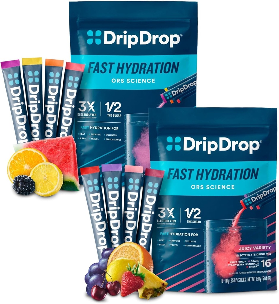 DripDrop Hydration - Electrolyte Powder Packets - Watermelon, Berry, Lemon, Orange, Fruit Punch, Grape, Strawberry Lemonade, Cherry - 32 Count