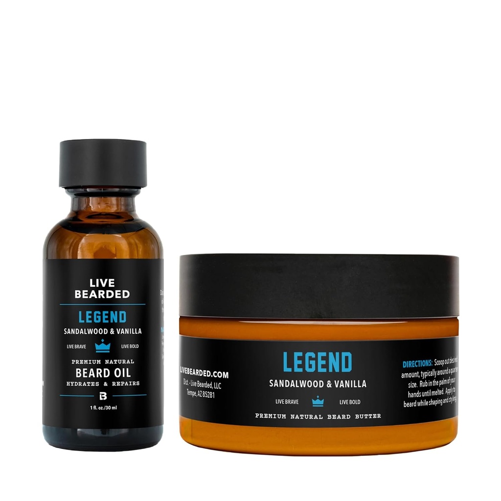 Live Bearded Beard Oil and Butter Grooming Kit - Lavet i USA - All- Natural Ingredients with Shea, Argan, Jojoba - Vækst Support Budd124; Legend Duft - Sandalwood, Vanilla
