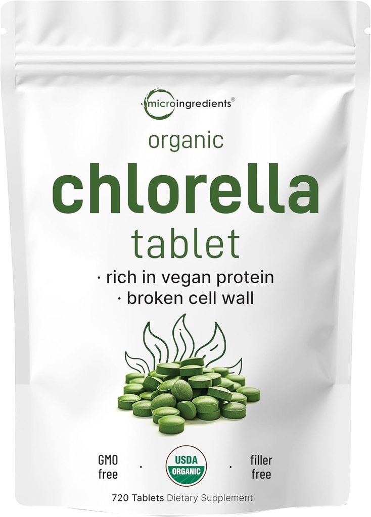 Organic Chlorella Tablets, 500mg Per Tablet, 720 Tabs (360 Bedste), 4 Months Supply, Broken Cell Wall, Rich in Vegan Protein & Vitaminer, Ingen Fylder, Ingen Tilsætningsstoffer & Non- Gmo