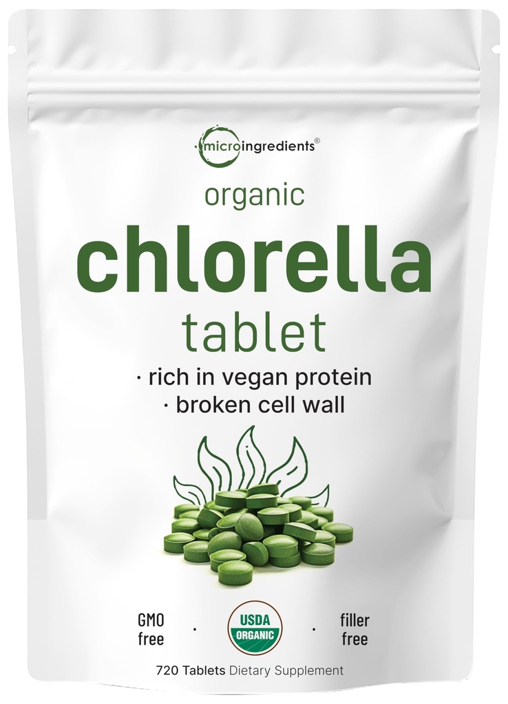 Organic Chlorella Tablets, 500mg Per Tablet, 720 Tabs (360 Bedste), 4 Months Supply, Broken Cell Wall, Rich in Vegan Protein & Vitaminer, Ingen Fylder, Ingen Tilsætningsstoffer & Non- Gmo