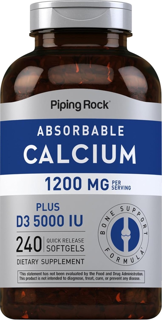 Piping Rock Calcium 1200 mg med D3- vitamin 124; 240 Softgels ekskl. 124; 5000 IE D3- vitamin 124; Absorberet Calciumsupplement: 124; ikke- GMO, gluten fri