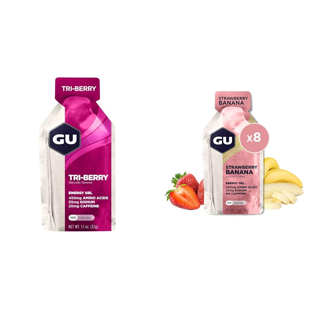 GU Energy Original Sports Nutrition Gel Tri- Berry og Strawberry Banana Flavor 8 -Grev Bundles