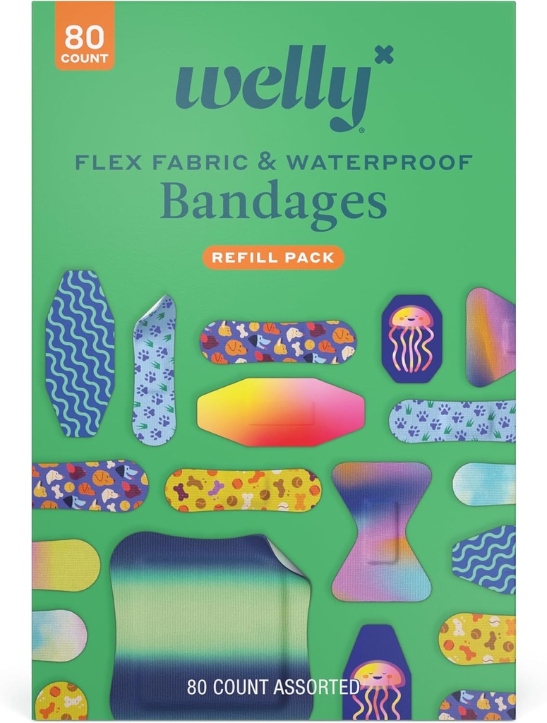Welly Bandage Family Packed 124; Adhesive Flexible Fabric & Vandtæt Bandages • 124; Assorted Shapes and Mønstre for Minor Cuts, Scrapes, and Wounds - 80 Count