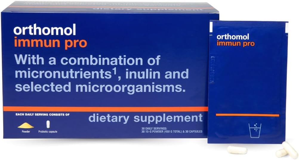 Orthomol Immun Pro, immunstøtte, Probiotisk Gut Health Supplement, Inulin Prebiotic Fiber, 30- Day Supply, Vitamin A, B, C, D, E, Zink, Jod, Probiotika til kvinder og mænd, Dagligt pulver & Kapsler
