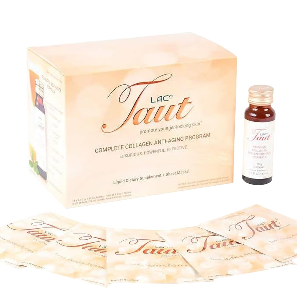 TAUT Marine Collagen Drink & Ansigtsmaske - 13,000mg Hydrolyzed Collagen Protein med Hyaluronsyre til Youthly, Strålende Hud - Inkluderer 15 flasker og 5 masker (30- Day Supply)