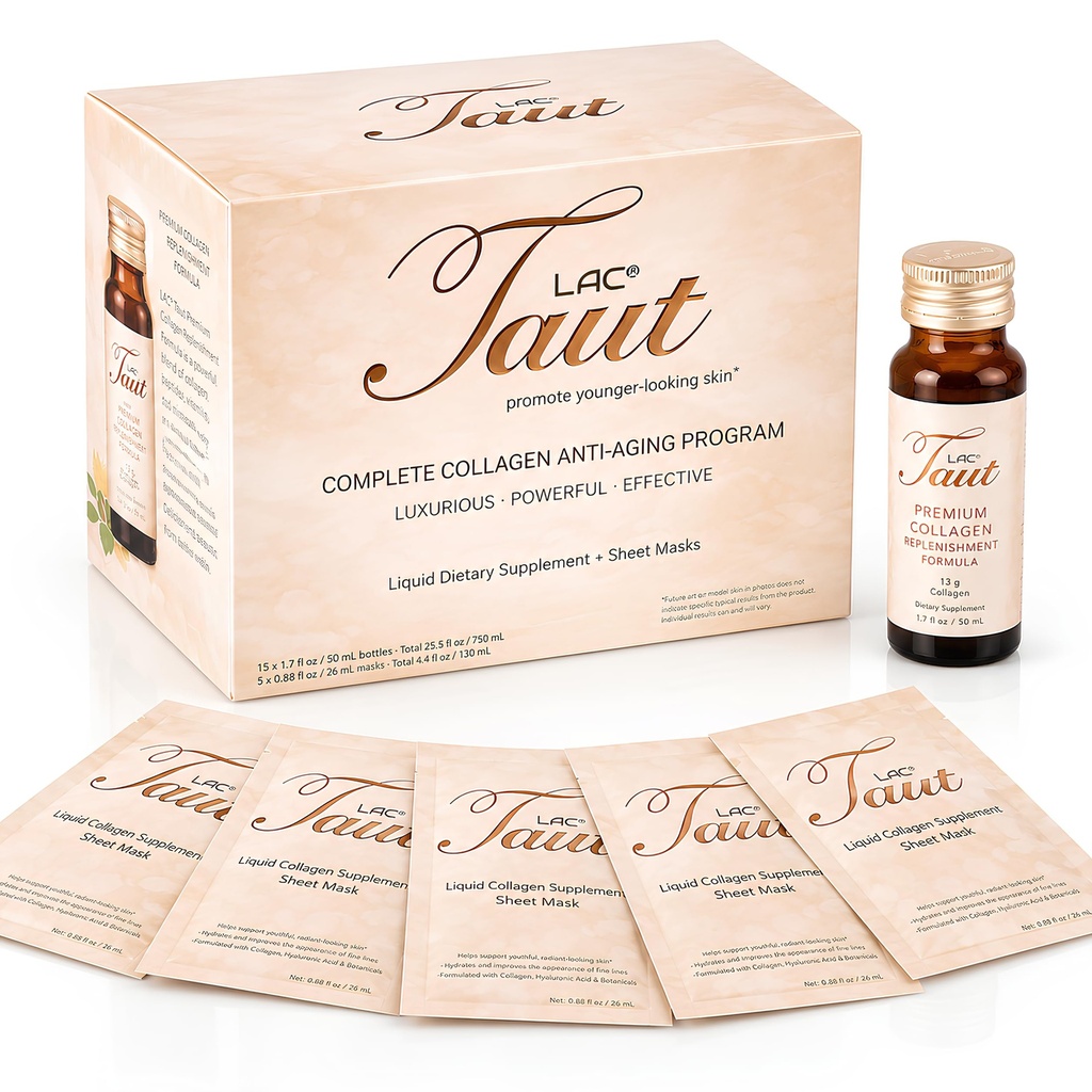 TAUT Marine Collagen Drink & Ansigtsmaske - 13,000mg Hydrolyzed Collagen Protein med Hyaluronsyre til Youthly, Strålende Hud - Inkluderer 15 flasker og 5 masker (30- Day Supply)