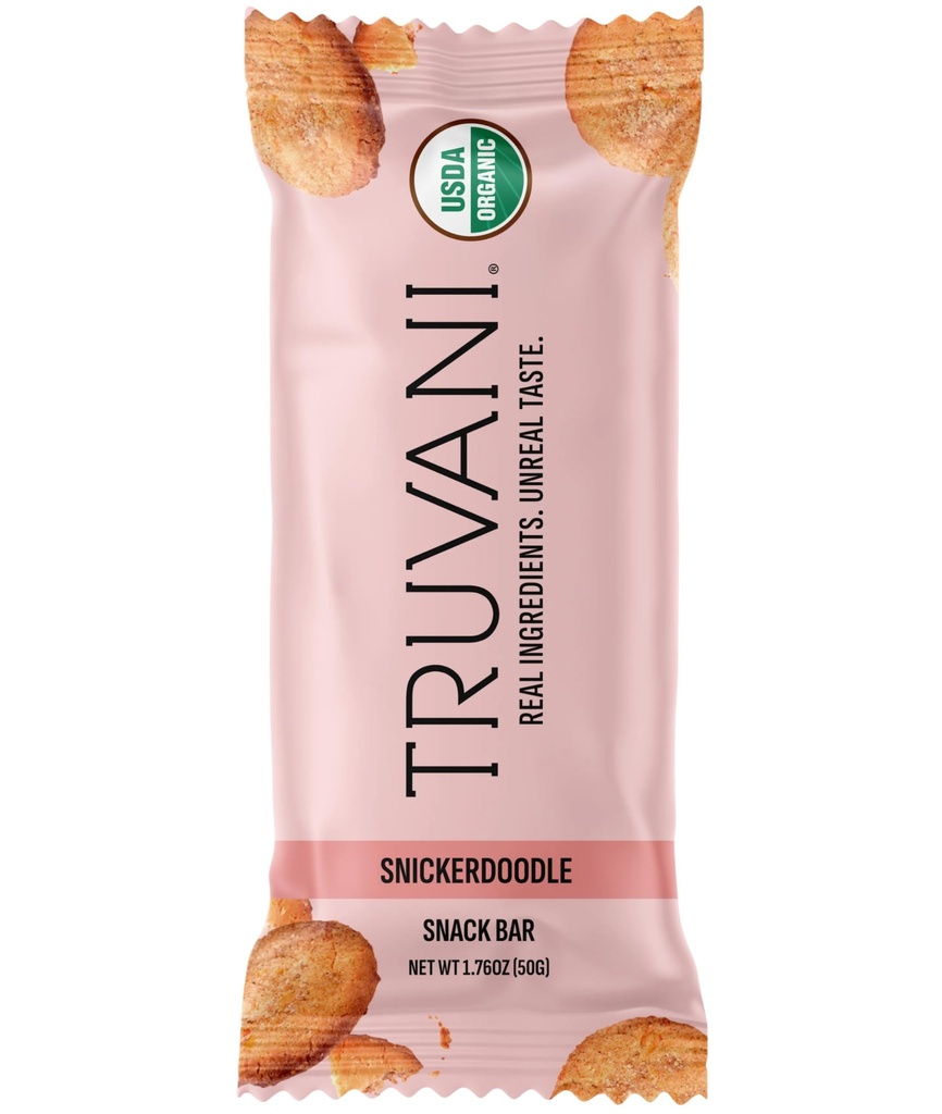 Truvani Plant Based Snack Bars 124; Snickerdoodle 1 Pack Shup 124; 5g Protein Shup 124; USDA Organic and Vegan Shape 124; Den eneste Bar Shape 124; Dairy, Soy, og Gluten Free Shape 124; Individuelt indpakket