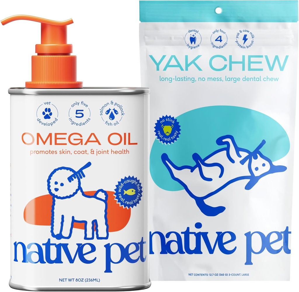 Indfødt Pet Omega Olie til Hunde - Hund Fisk Olie Kosttilskud & Yak Chews til Hunde