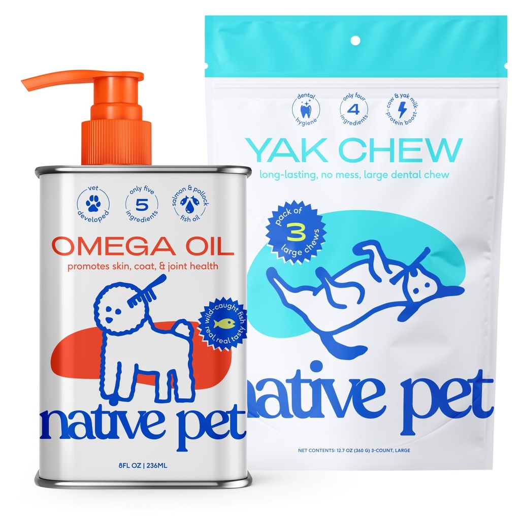 Indfødt Pet Omega Olie til Hunde - Hund Fisk Olie Kosttilskud & Yak Chews til Hunde