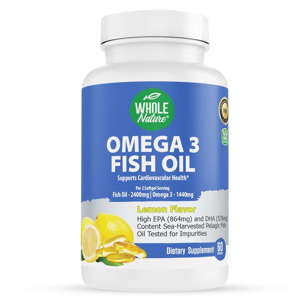 Omega 3 Fish Oil Kosttilskud, maksimal styrke 2400 mg Omega-3, 1440mg Fish Oil, EPA DHA Fedtsyrer, Heart Health, Vision, Eye, Brain, immunforsvar for kvinder & mænd. Naturlig Lemon Flavor, 60 ct (1)
