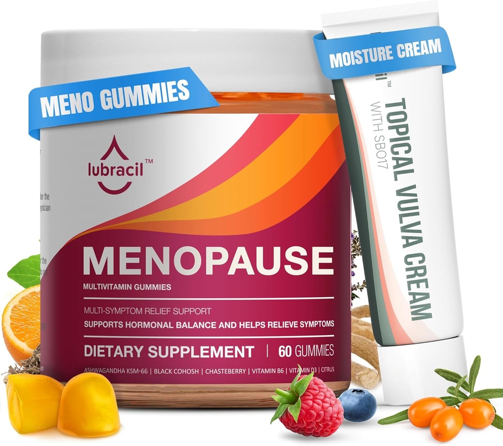 Lubracil Menopause Gummies & Topical Vulva Cream Bundle - Hormone- Free Support for Hot Flashs, Vaginal Tørhed, Kløe, Mood Swings & Night Sweats med Black Cohosh, Ashwagandha, Omega- 7 & Vitamin E