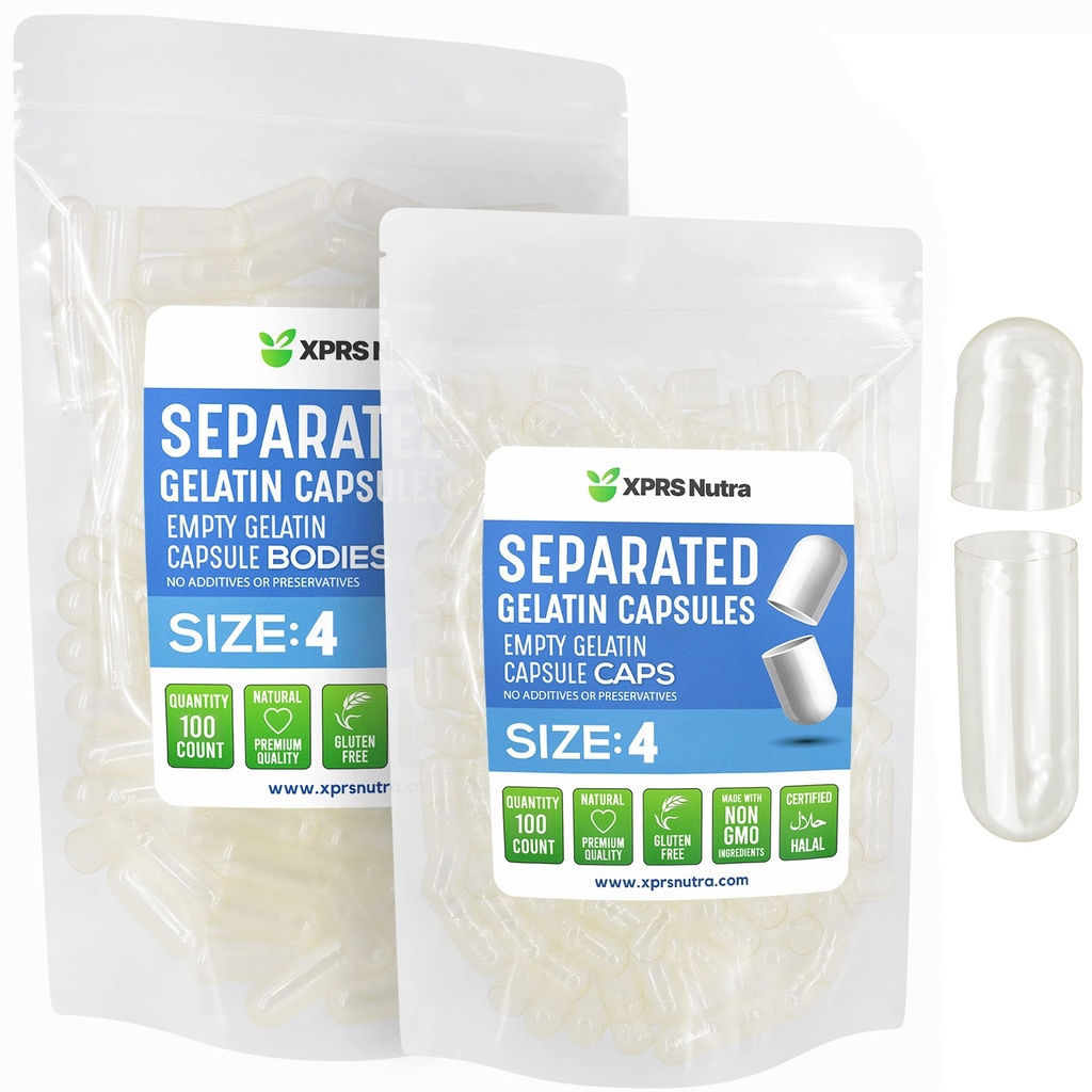 XPRS Nutra Gelatine Størrelse 4 Separated Capsules - 100 Count Clear Small Tomme Kapsler Separated in Bags - DIY Filtable Pille Caps - Størrelse 4 Gel Do- It- Yourself Vitamin og supplement Fyldning