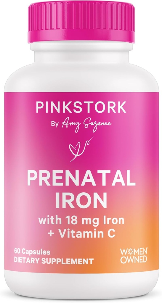 Pink Stork Prenatal Iron Supplement for Women - 18 mg Non-Constipating Iron & Vitamin C for Pregnancy, Postpartum, & Breastfeeding - Focus, Fatigue, & Blood Cell Production - 2 Month Supply