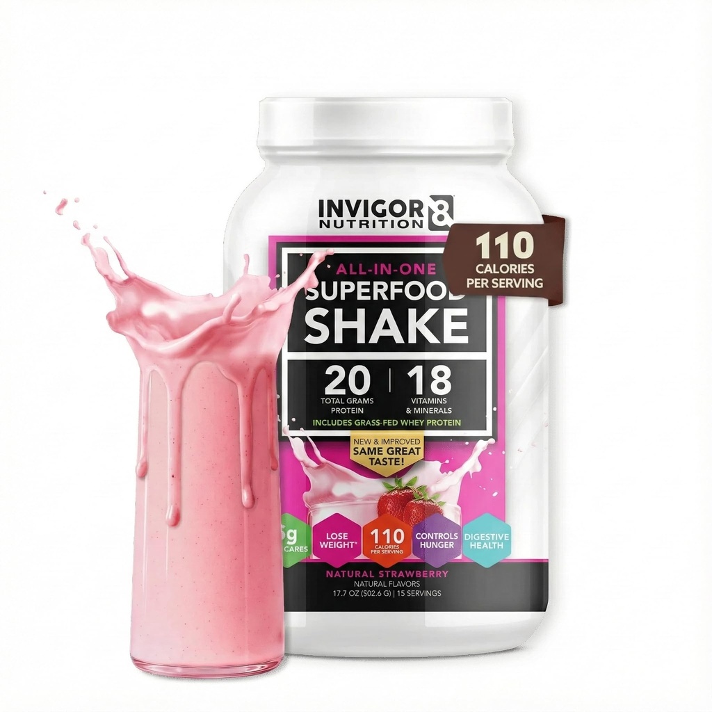 INVIGOR8 Superfood Græs Fed Whey Protein Isolate Shake Natural Strawberry Gluten- Free and Non GMO Meal Erstatning med Probiotika og Omega 3 (645g)