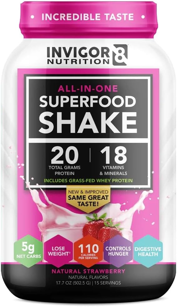 INVIGOR8 Superfood Græs Fed Whey Protein Isolate Shake Natural Strawberry Gluten- Free and Non GMO Meal Erstatning med Probiotika og Omega 3 (645g)